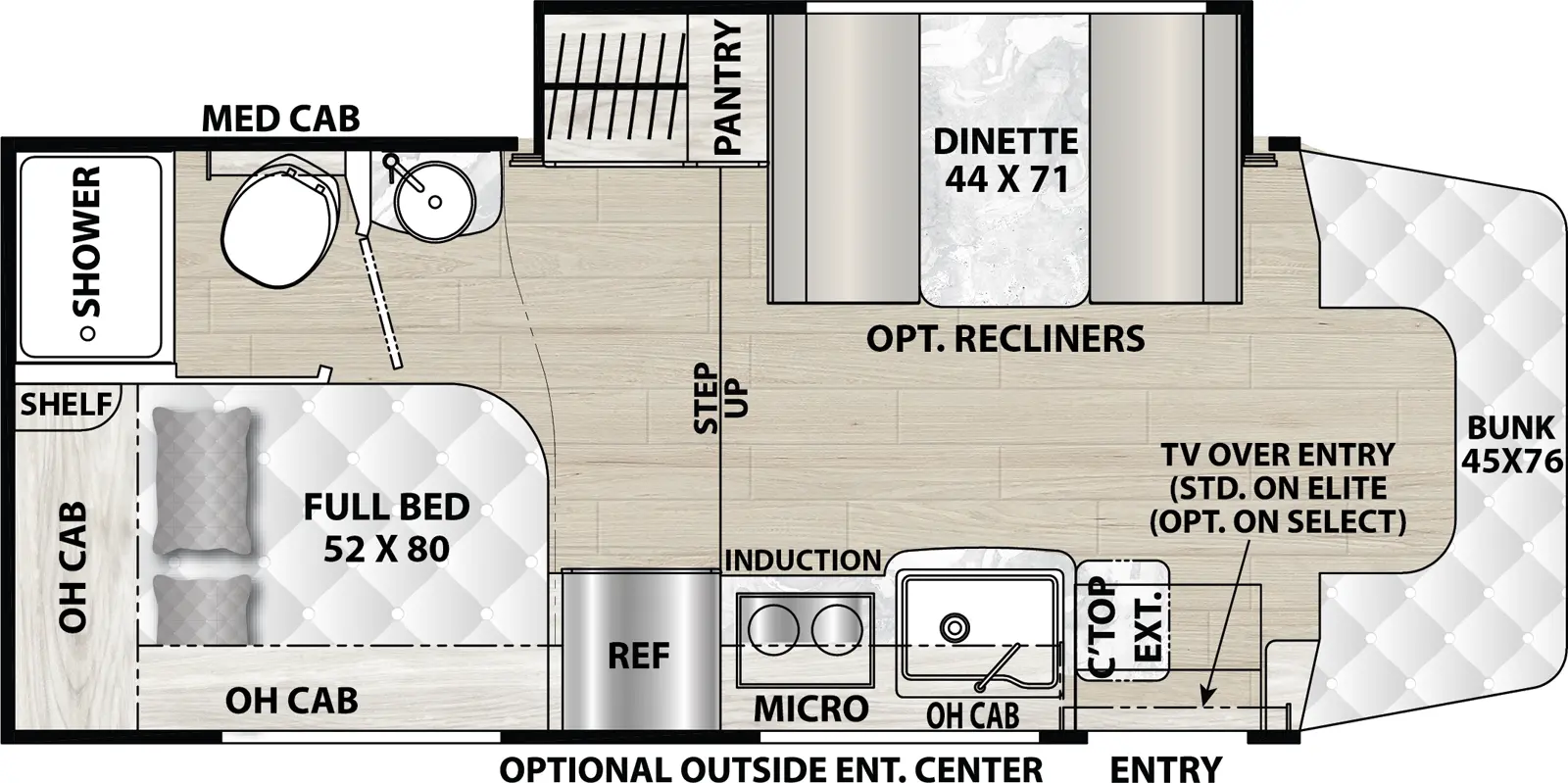 The Prism 24CBE has one entry and one slide out. Exterior features include: 14' awning and outside entertainment. Interiors features include: rear bedroom, bathroom and a half, bunk over cab and u-dinette.